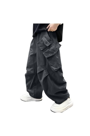 Boys Multi-Pocket Wide Leg Cargo Pants Baggy Trousers for Street Fashion Gray 14-15 Years