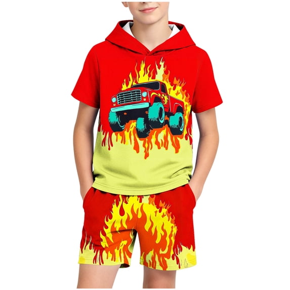 AINIYS Boys' Outfit Set Big Kid Printed Pattern Crew Neck Athletic Wear Perfect For Casual Outings And Family Gatherings Red 9-10 Years