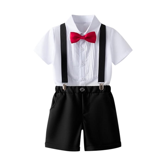 AINIYS Boys Short Sleeve Crew Neck Pullover Suspender Detail Classic Versatile Durable Two Piece Shirt And Shorts Set For Party School Occasion Black 3 Years