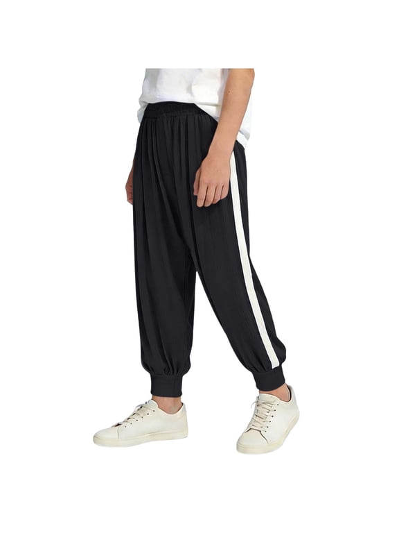 Boys Side Stripe Jogger Pants Elastic Waist Cuffed Sport Trousers for Outdoor Activities Black 9-10 Years