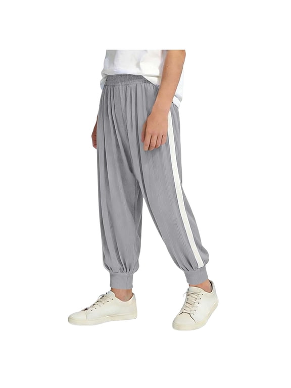 Boys Side Stripe Jogger Pants Elastic Waist Cuffed Sport Trousers for Outdoor Activities Gray 3-4 Years