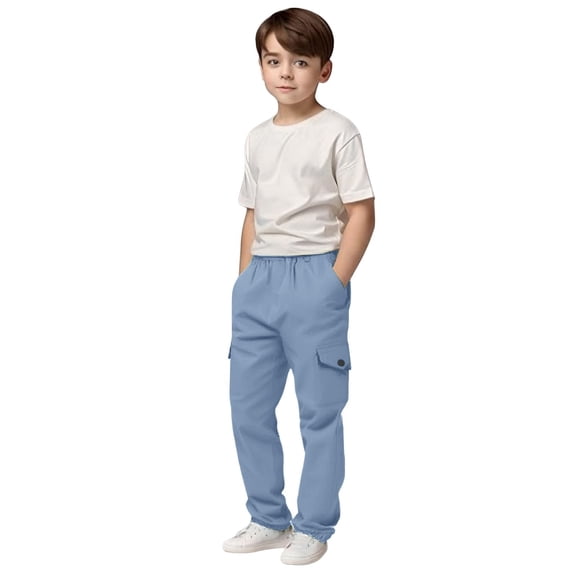 AINIYS Boys Sports Cargo Pants Elastic Waist Comfy Lightweight Joggers with Side Pockets Twill for Outdoor Activities Ages 4-13 Blue 8 Years