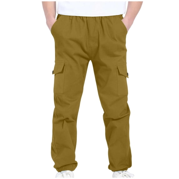 AINIYS Boys Sports Cargo Pants Elastic Waist Comfy Lightweight Joggers with Side Pockets Twill for Outdoor Activities Ages 4-13 Khaki 8 Years