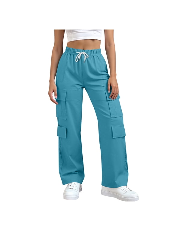 Cargo Pants for Women Wide Leg Casual High Waist Baggy Elastic Drawstring Hiking Track Outs Solid Sweatpants Blue XXL