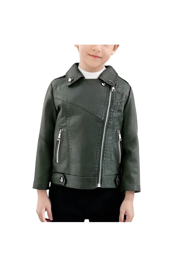 Children's Lapel Leather Jacket Comfortable and Stylish Casual Warm Outwear for Fall and Winter Parties School Outdoor Activities Army Green 3 Years