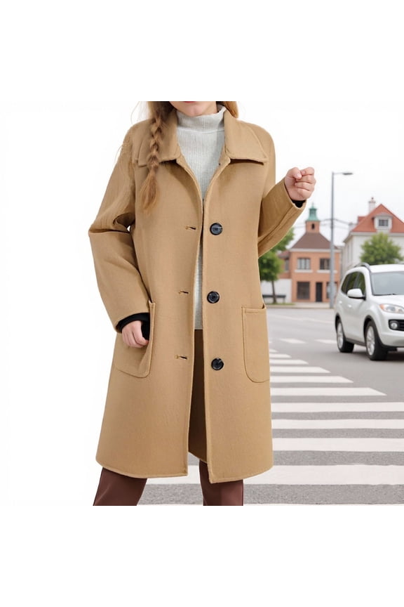 Children's Peacoat Lapel Collar One-Breasted Trench Coats Loose Casual Long Jacket with Pockets Boys Girls Fall Winter Outerwear Khaki 120