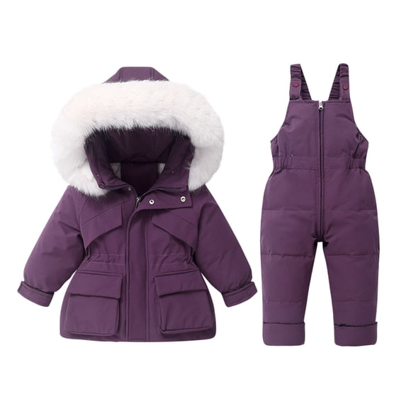 AINIYS Children's Winter Ski Suit Waterproof Windproof Thermal Insulation Hooded Top Suspender Pants Outdoor Apparel Ideal for Skiing Purple 1-2Years