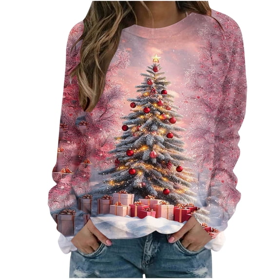 AINIYS Christmas Shirts for Women Cute Long Sleeve Tops Casual Crewneck Sweatshirts Xmas Tree Printed Pullover Tops Pink Pullover for Women _a L