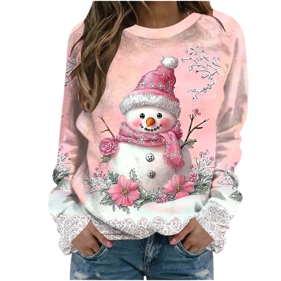 AINIYS Christmas Sweater Women Funny Graphic Sweatshirts Pullover Cute Xmas Theme Shirts Fashion Long Sleeve Winter Tops Pink Pullover for Women _i L