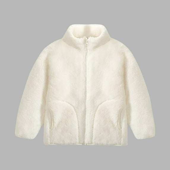 AINIYS Coral Fleece Coat for Kids Full-Zip Stand neck Jacket with Pocket Double-Sided Fleece Top Fall Winter Warm Outerwear Beige 3 Years