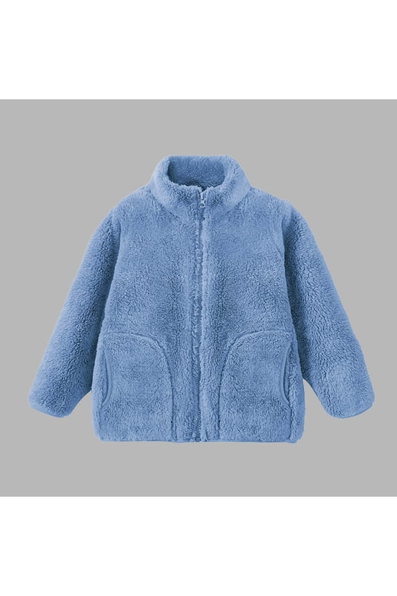 Coral Fleece Coat for Kids Full-Zip Stand neck Jacket with Pocket Double-Sided Fleece Top Fall Winter Warm Outerwear Blue 5 Years