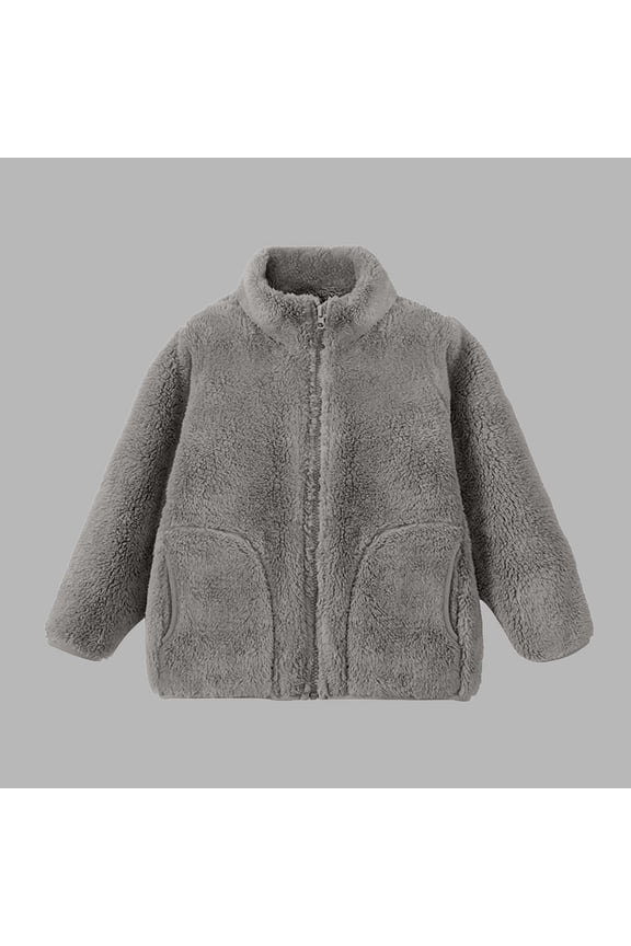 Coral Fleece Coat for Kids Full-Zip Stand neck Jacket with Pocket Double-Sided Fleece Top Fall Winter Warm Outerwear Gray 5 Years