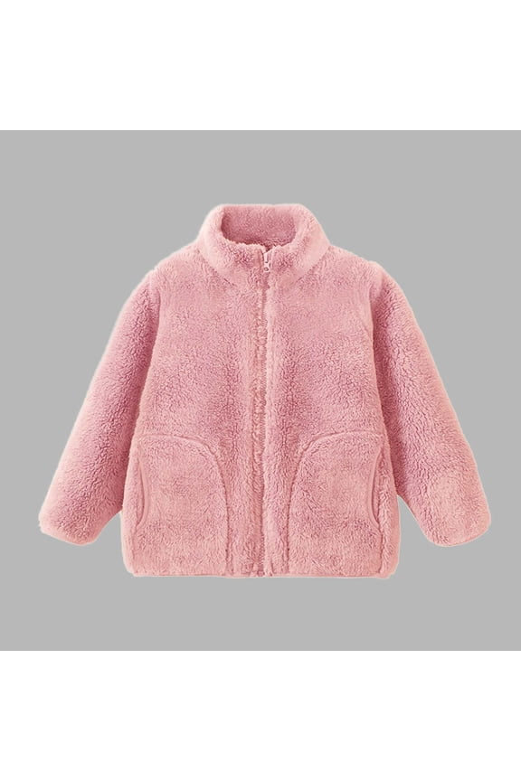Coral Fleece Coat for Kids Full-Zip Stand neck Jacket with Pocket Double-Sided Fleece Top Fall Winter Warm Outerwear Pink 9 Years