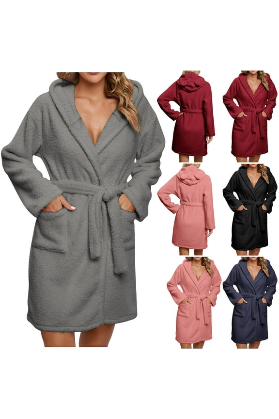 Fashion Women's Solid Color Hooded Short Robe with Pockets and Belt, Long Sleeve Soft Polyester Sleepwear for Casual Daily Wear Gray S