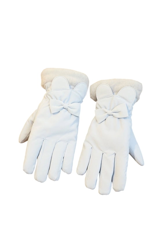 Faux Leather Full-Finger Gloves Bow & Ear-Accented Warm Gloves for Winter Cold Weather Outdoor Daily Wear & Cute Accessory Light Blue Free Size