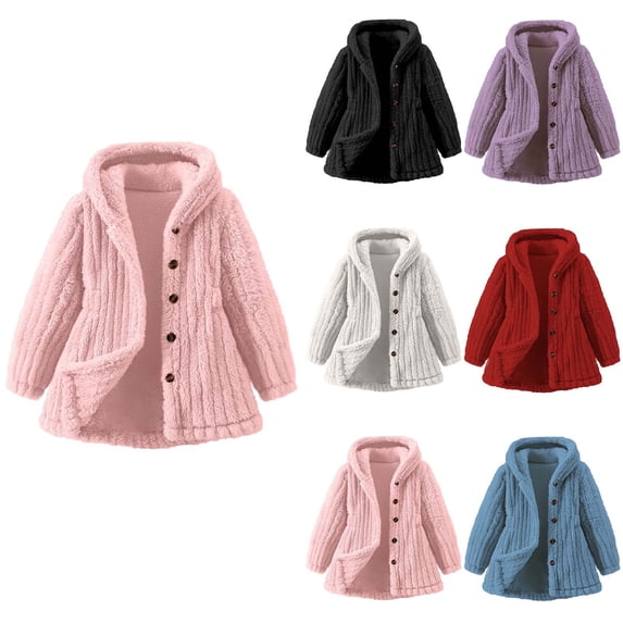 AINIYS Fleece Hooded Jackets for Kids One Breasted Winter Coat Casual Fuzzy Thickening Solid Color Girls Jacket Outwear Black 2 Years