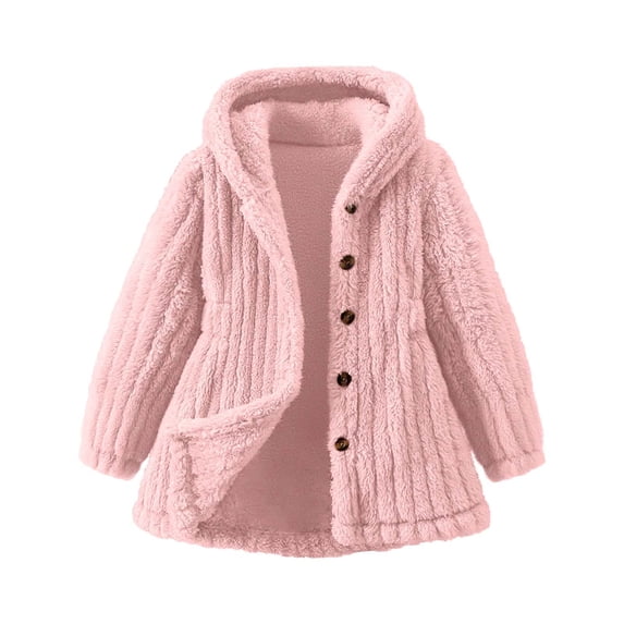 AINIYS Fleece Hooded Jackets for Kids One Breasted Winter Coat Casual Fuzzy Thickening Solid Color Girls Jacket Outwear Pink 2 Years