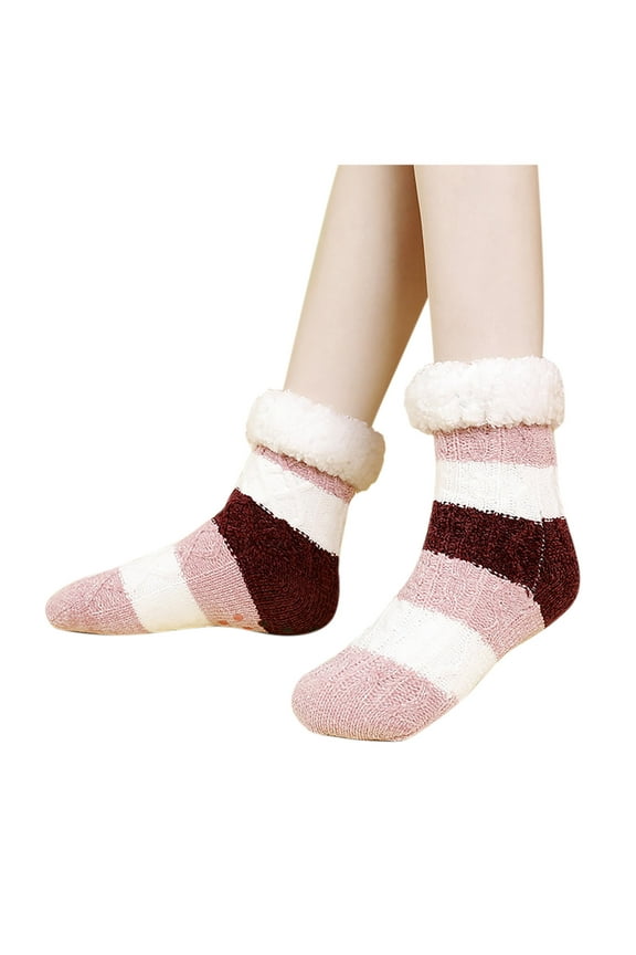 Fuzzy Slipper Socks for Girls Women with Grippers Non Slip Warm Fuzzy Slipper Socks Winter Wine Free Size