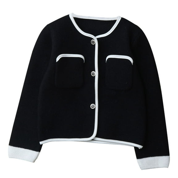 AINIYS Girl's Trendy Cardigan Sweaters Crewneck Button Down Long Sleeve Cropped Cute Outerwear Sweet Knit Coats for Kids Black 7 Years