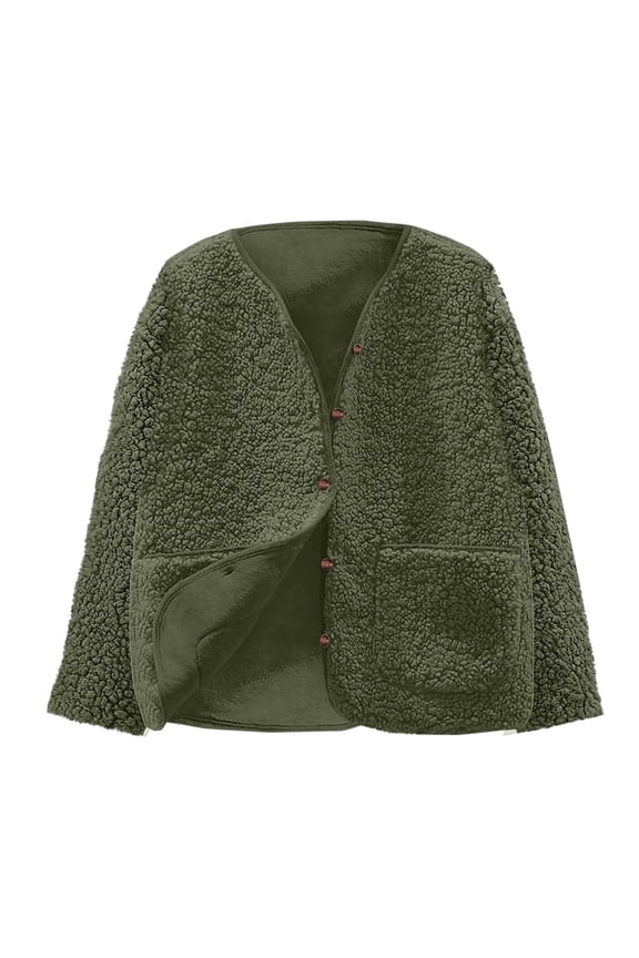 Girl's Winter Coats Long Sleeve Crewneck Button up Fuzzy Fleece Jackets Outerwear Fall Fashion Clothes Army Green 14-15Years