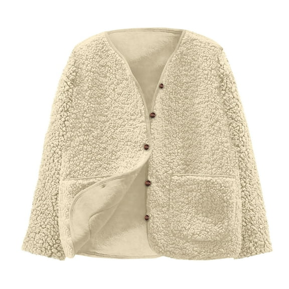 AINIYS Girl's Winter Coats Long Sleeve Crewneck Button up Fuzzy Fleece Jackets Outerwear Fall Fashion Clothes Beige 12-13Years