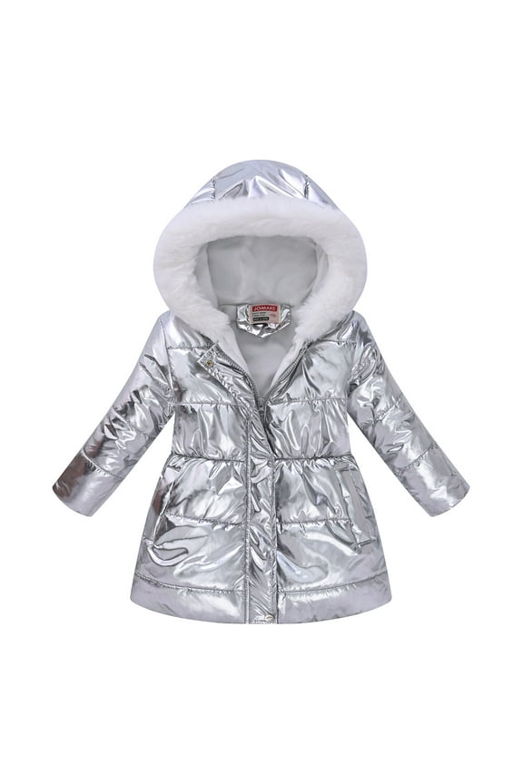 Girl's Winter Fleece Lined Warm Puffer Coat Zipper snap buttons Hoodie Jacket waist cinching Coats Silver 130/7 Years