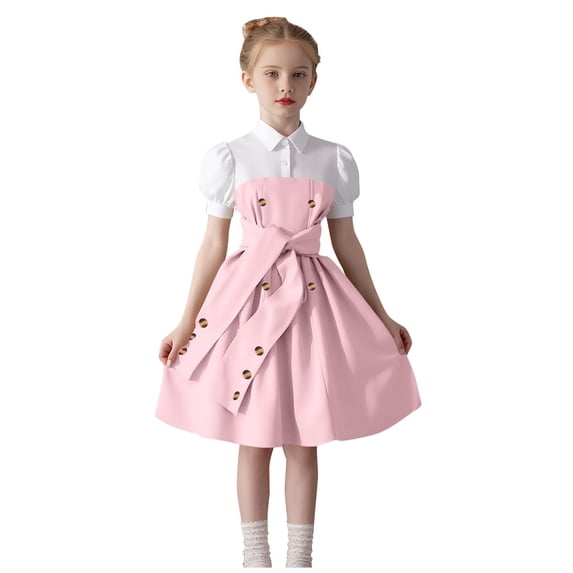 AINIYS Girls A-Line Dress With Round Neck And Hidden Zipper Closure Flowy Skirt For Party Wedding And Formal Occasion Pink 8-9 Years