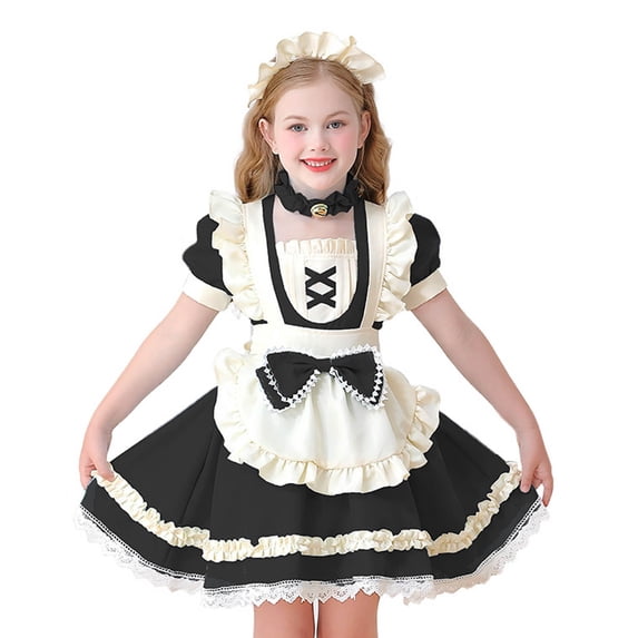 AINIYS Girls Alice Style Short Sleeve Dress With Crew Neck And Hidden Back Zipper Lightweight Fabric For Costume Party And Playtime Black 4 Years