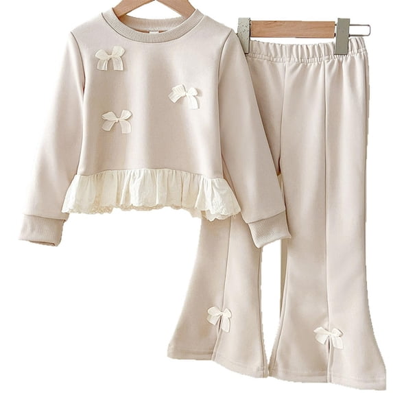 AINIYS Girls Bow & Ruffle Outfit Set Sweatshirt & Flared Pants Children's Clothing for Daily & Casual Wear Beige 2 Years