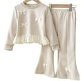thumbnail image 1 of AINIYS Girls Bow & Ruffle Outfit Set Sweatshirt & Flared Pants Children's Clothing for Daily & Casual Wear Beige 4 Years, 1 of 7