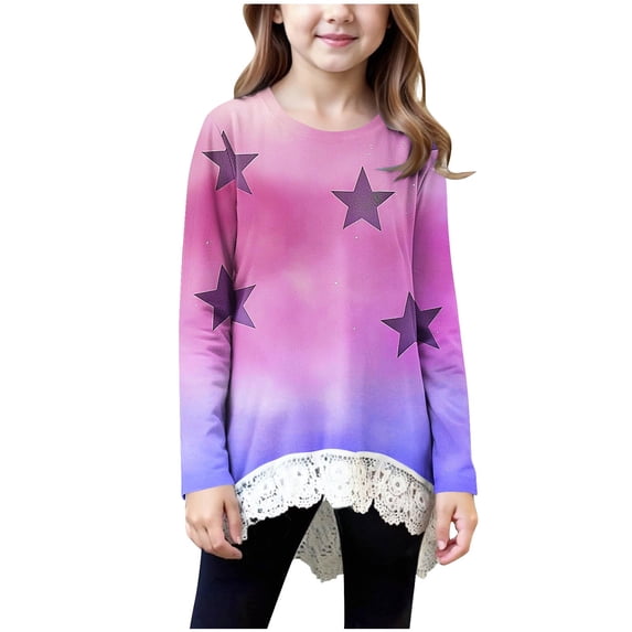 AINIYS Girls Casual Tops Basic Loose Soft Swing Pullover Long Sleeve Crewneck Gradient Color T-Shirt Irregular Hem Lace printed Pullover Hot Pink 12-13Years