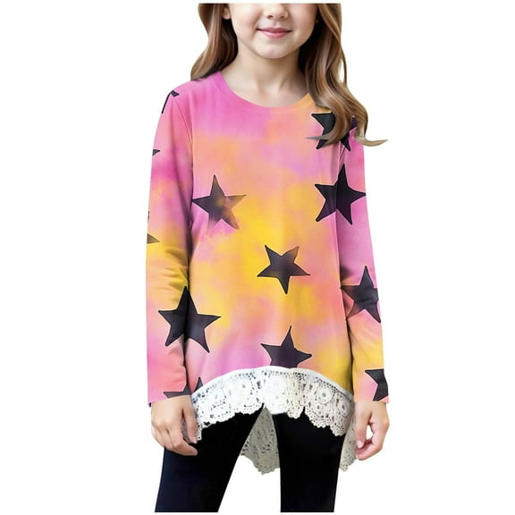 AINIYS Girls Casual Tops Basic Loose Soft Swing Pullover Long Sleeve Crewneck Gradient Color T-Shirt Irregular Hem Lace printed Pullover Pink 8-9Years