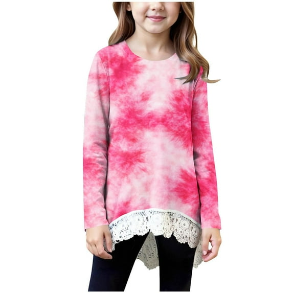 AINIYS Girls Crewneck Pullover Long Sleeve Loose Soft Swing T-Shirt Trendy Tie-Dye Irregular Hem Lace Sweatshirt Red 14-15Years