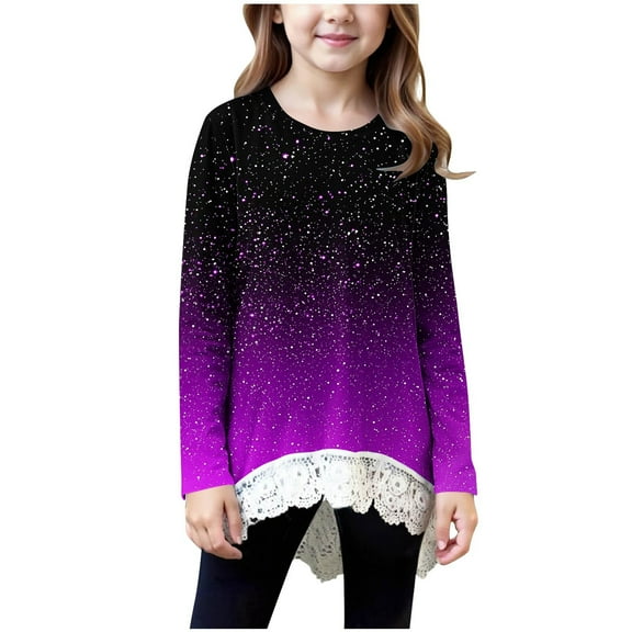 AINIYS Girls Crewneck T-Shirt Long Sleeve Loose Soft Swing Pullover Fashion ink splash Tops Irregular Hem Lace Sweatshirt Purple 12-13Years