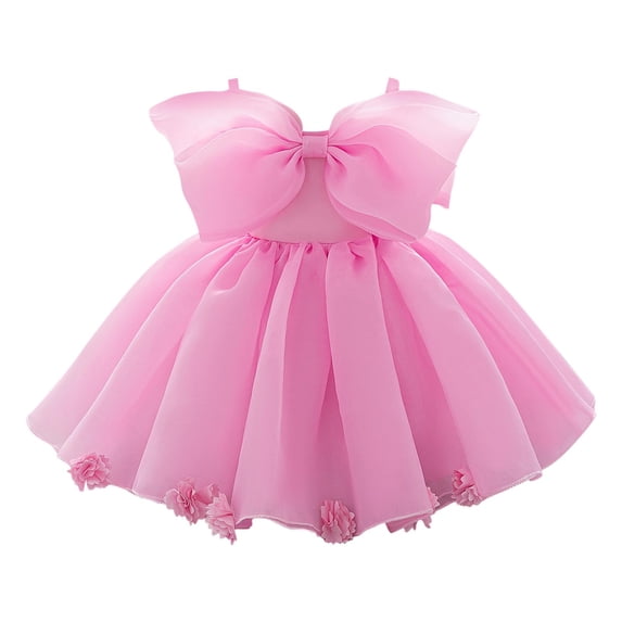 AINIYS Girls Double Layer Tulle Dress With Crew Neck And Hidden Back Zipper Bow Accent For Wedding Flower Girl And Formal Event Pink 2 Years