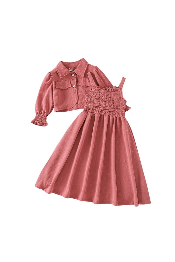Girls Dress Set Jacket & Smocked Strap Dress Outfit Elegant Textured Children's Clothing for Party & Formal Pink 110