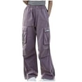 thumbnail image 1 of AINIYS Girls Fashion Plus Size Sports Pants Kids Baggy Parachute Pants with Mutil Pockets Elastic Waist Drawstring Y2K Track Pants Y2K Streetwear Wide Leg Cargo Pants Purple Trousers, 1 of 3