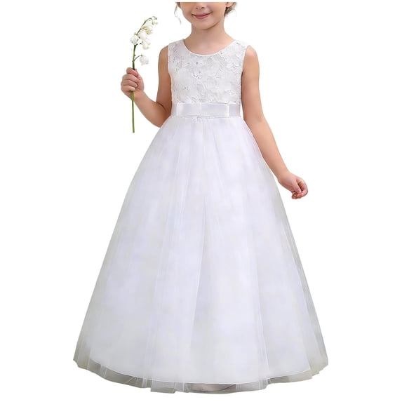 AINIYS Girls Flare Dress With Crew Neck And Hidden Back Zipper Tulle Skirt For Birthday Party And Formal Event White 11-12 Years