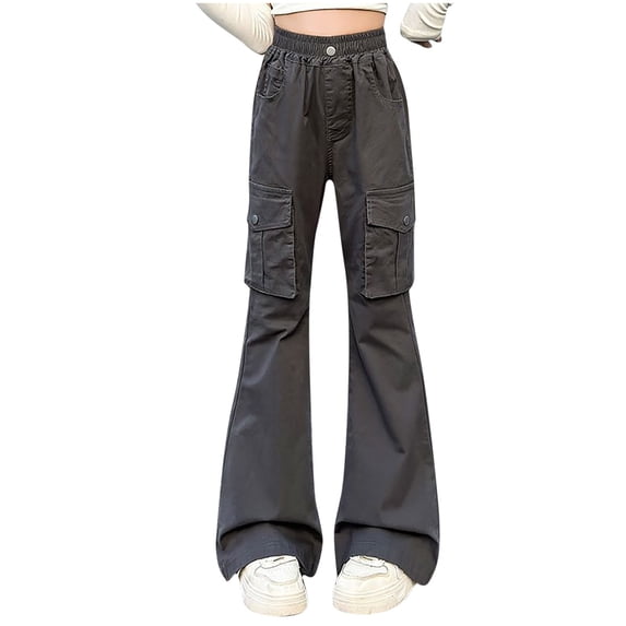 AINIYS Girls' Flared Work Pants High Waisted Long Pants Big Pockets Stylish Comfy Suitable for Daily Wear Fashionable Kids Clothing Gray 12 Years