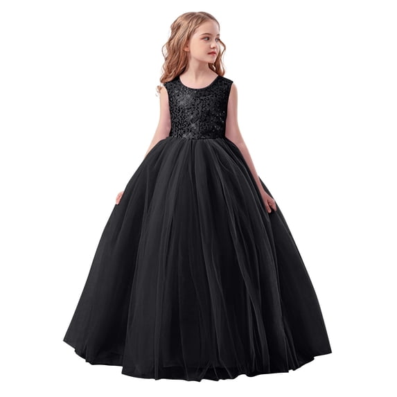 AINIYS Girls Floor-Length Gown With Halter Neck And Back Tie Closure Satin Finish For Prom Graduation And Formal Event Black 9-10Years