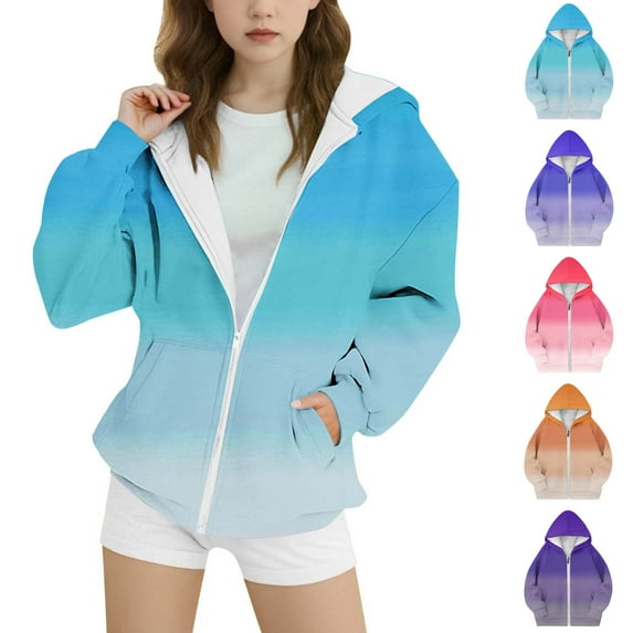 AINIYS Girls Full Zip Up Hoodies Fleece Thermal Jacket Long Sleeve Sweatshirts Gradient Color Cardigan with Pockets Fall Winter Jackets Blue 4-5Years