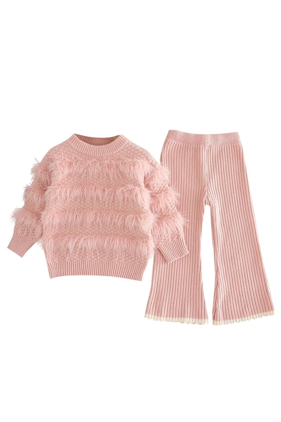 Girls Knit 2Pcs Faux Fur Sweater Flared Pants Set Cute Ribbed Fleece Round Neck Tops Flare Wide Leg Pant Outfits Winter Pink 2 Years