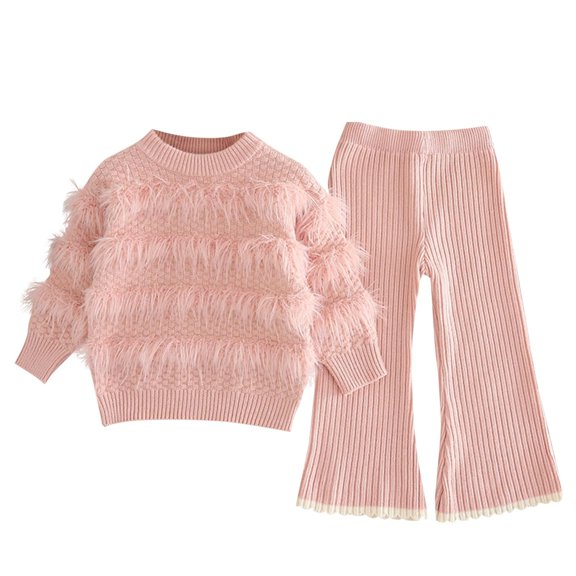AINIYS Girls Knit 2Pcs Faux Fur Sweater Flared Pants Set Cute Ribbed Fleece Round Neck Tops Flare Wide Leg Pant Outfits Winter Pink 7 Years