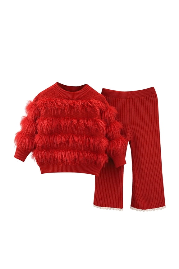Girls Knit 2Pcs Faux Fur Sweater Flared Pants Set Cute Ribbed Fleece Round Neck Tops Flare Wide Leg Pant Outfits Winter Red 2 Years