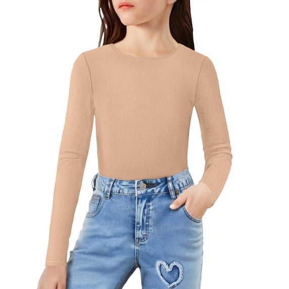 AINIYS Girls Long Sleeve Shirts Crewneck Slim Tops Soft Ribbed Knit Casual Base Layer Tops Tee Khaki 1-3Years