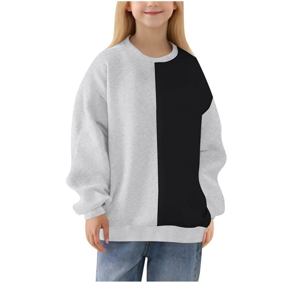 AINIYS Girls Long Sleeve Tops Casual Color Block Crew Neck T Shirts Casual Oversized Drop Shoulder Pullover Gray 7 Years