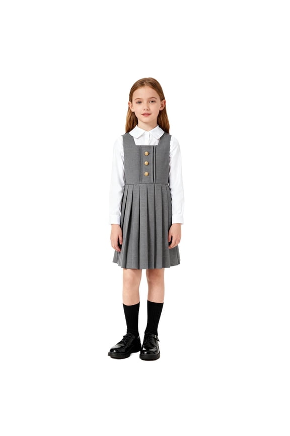 Girls Long Sleeve Turn-Down Collar A-Line Dress With Hidden Back Zipper Lightweight Fabric For School Uniform And Formal Occasion Gray 110