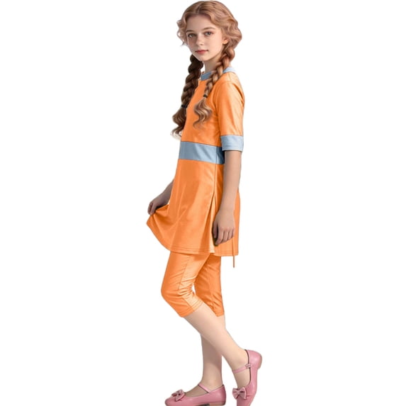 AINIYS Girls Modest Two Piece Swimsuit Flared Dress Hem Neck Pull On UPF 50+ Sun Protection Beach Swimming Orange 2-3Years