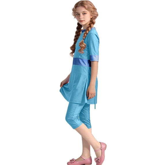 AINIYS Girls Modest Two Piece Swimsuit Flared Dress Hem Neck Pull On UPF 50+ Sun Protection Beach Swimming Sky Blue 5-6Years