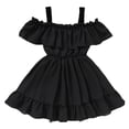 thumbnail image 1 of AINIYS Girls Off-The-Shoulder Dress With Elastic Neckline And Front Tie Closure Flowy Skirt For Spring Outing And Garden Party Black 4-5Years, 1 of 4